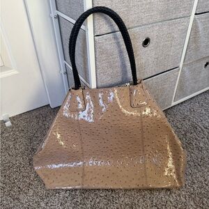 Big Buddha Taupe Patent Tote with Black Braided Handles
